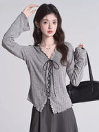 Ribbed Knit Lace-Up Cardigan Top - View 6 | TEVQA