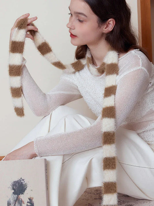 Y2K Fuzzy Striped Skinny Scarf - TEVQA