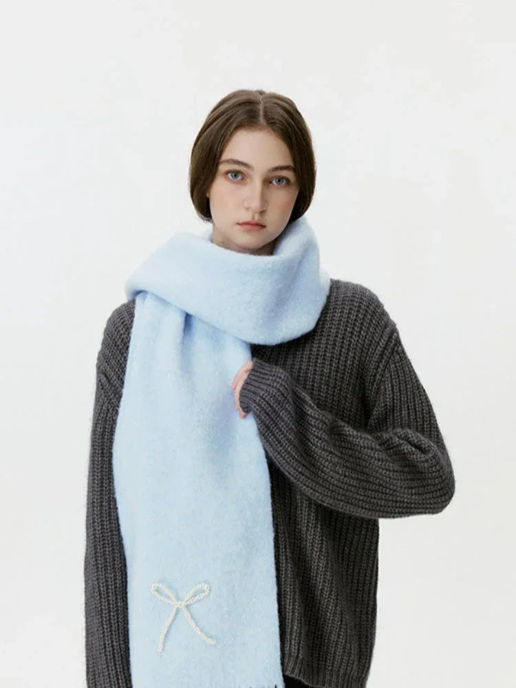 Wool Blend Pearl Bow Scarf - TEVQA