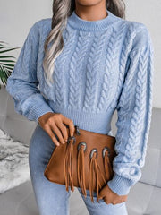 White Cable Knit Cinched Waist Crop Sweater