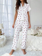 Cherry print ribbed pajama set with lace trim - View 7 | TEVQA