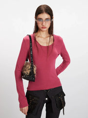90s Minimalist U-Neck Long Sleeve Top - TEVQA