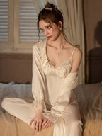 Lace Trim Satin 3-Piece Pajama Set - TEVQA