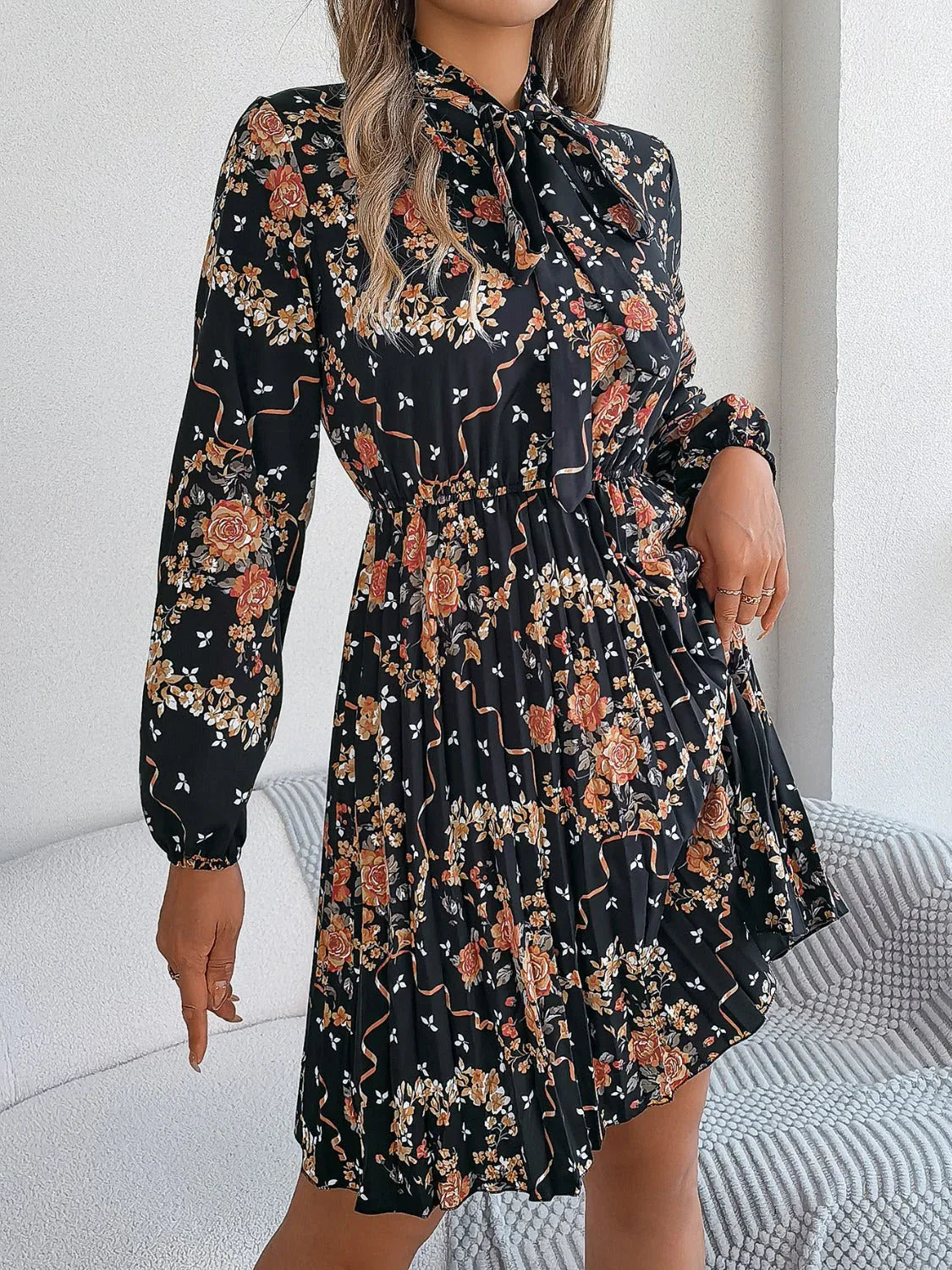 Vintage Pink Floral Pleated Dress - TEVQA