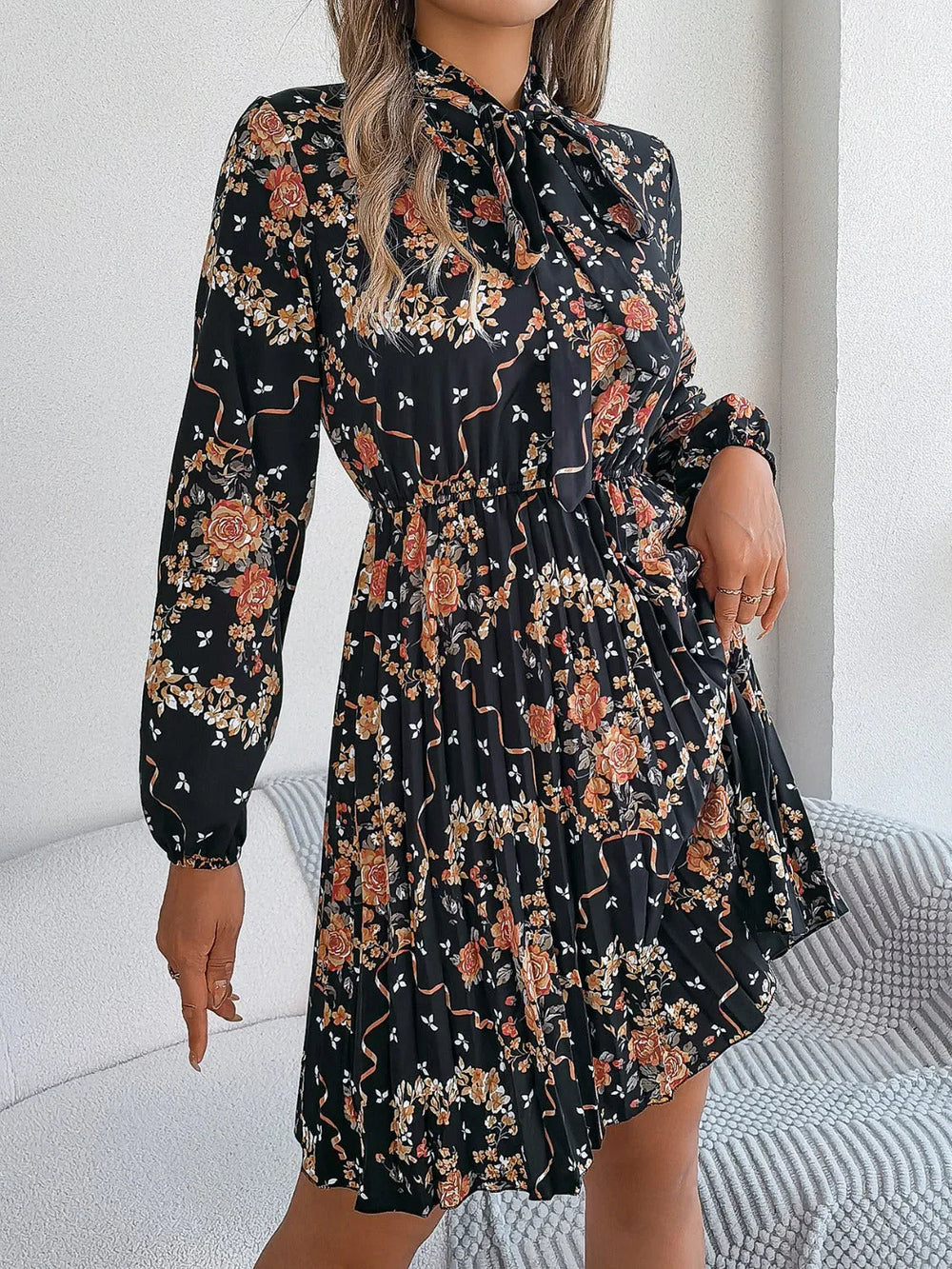 Vintage Pink Floral Pleated Dress - TEVQA