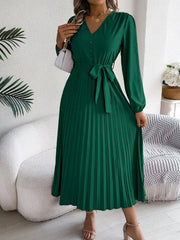 Vintage Khaki V-Neck Pleated Maxi Dress - TEVQA