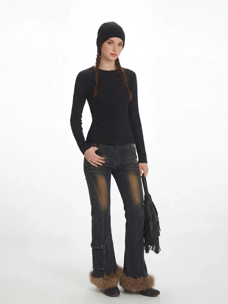 Minimalist black zip-up long sleeve ribbed knit top - View 6 | TEVQA