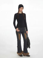 Minimalist black zip-up long sleeve ribbed knit top - View 6 | TEVQA