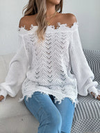 Distressed Off-Shoulder Knit Sweater - View 13 | TEVQA