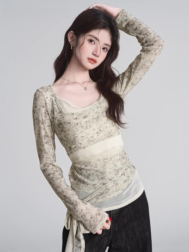 Tie Dye Mesh Overlay Wrap Waist Top Beige