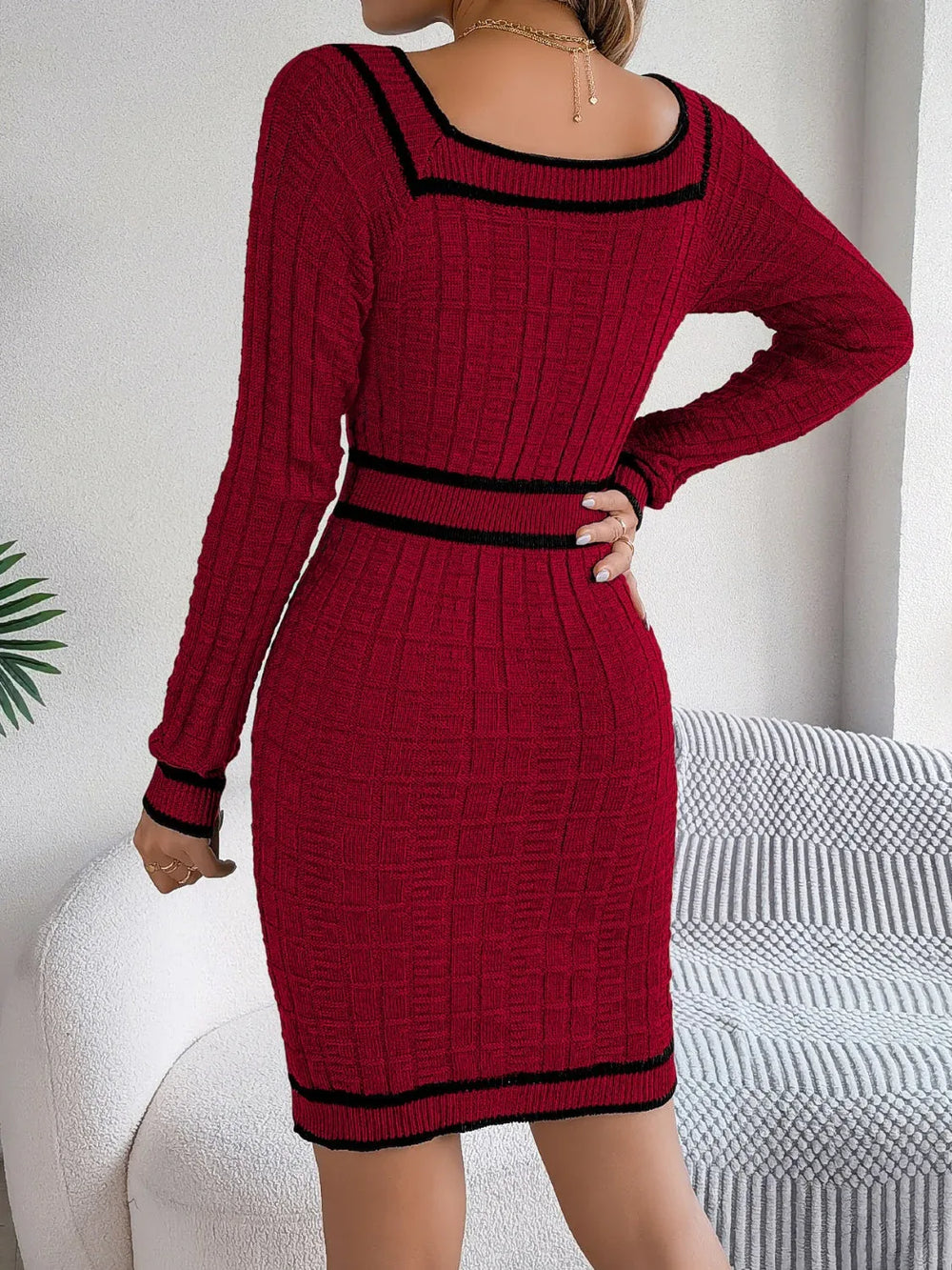 Vintage Red Square Neck Knit Dress - TEVQA