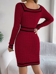 Vintage Red Square Neck Knit Dress - TEVQA