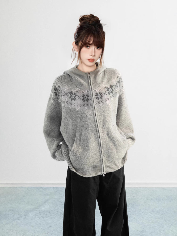 Black Fair Isle Hooded Zip Knit Cardigan Snowflake Pattern