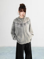 Black Fair Isle Hooded Zip Knit Cardigan Snowflake Pattern