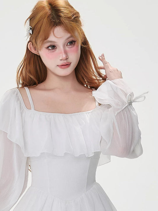 White Off-Shoulder Ruffle Swim Dress