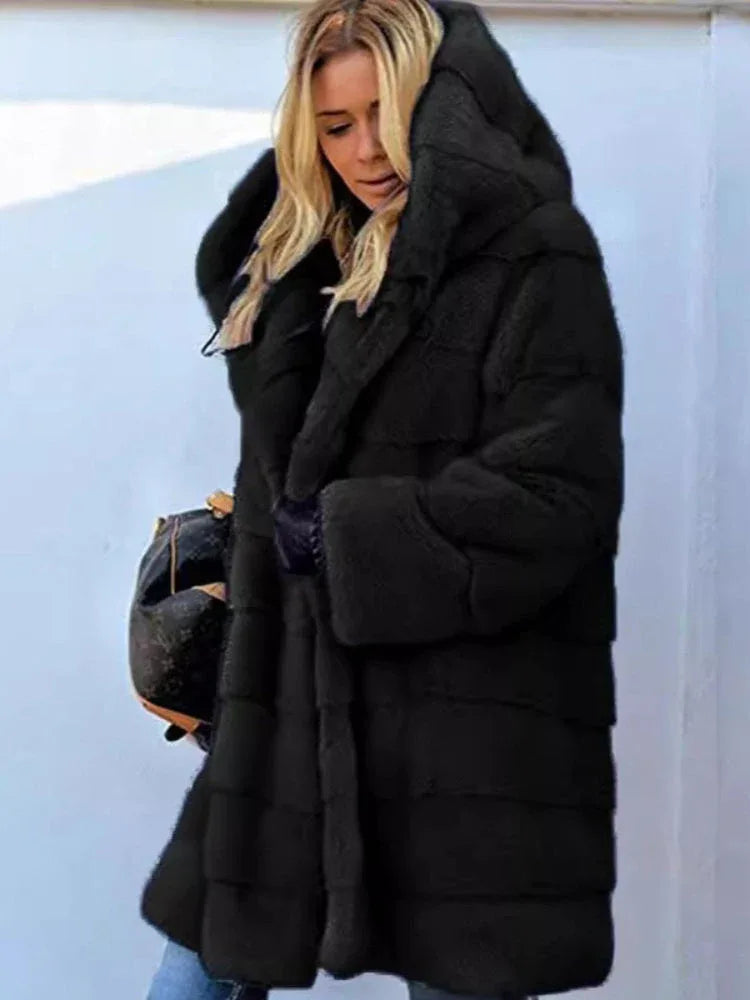 Aspen Luxe Hooded Faux Fur Mid-Length Coat - TEVQA
