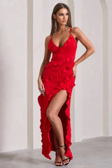 full-length view of a woman wearing a red formal dress with ruffled accents