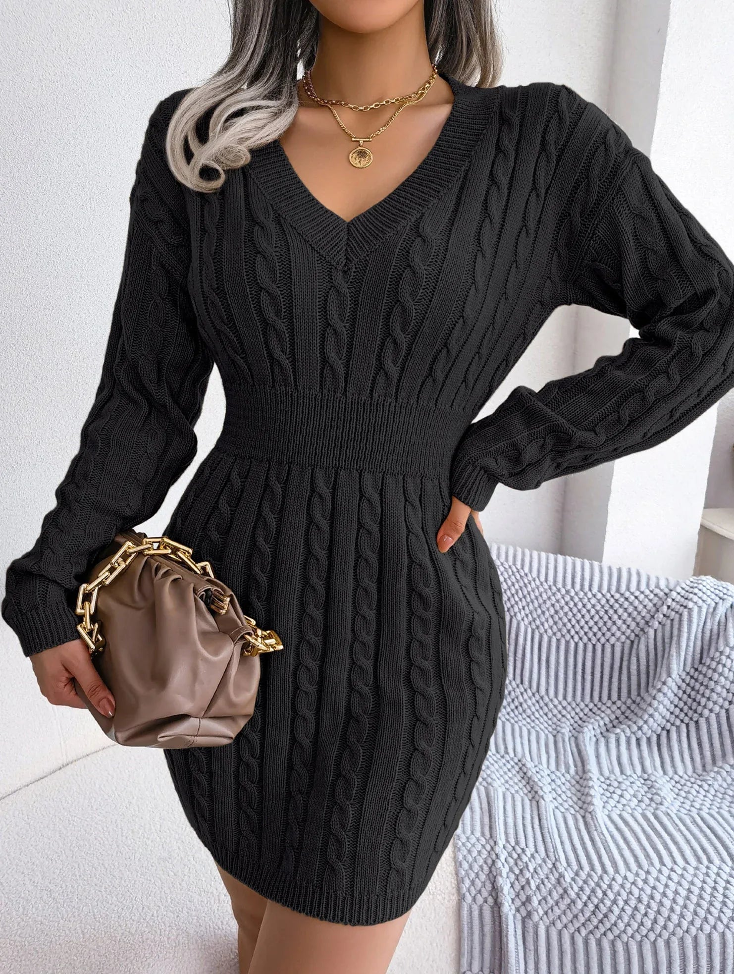 Sky Blue Cable Knit Sweater Dress - View 58 | TEVQA