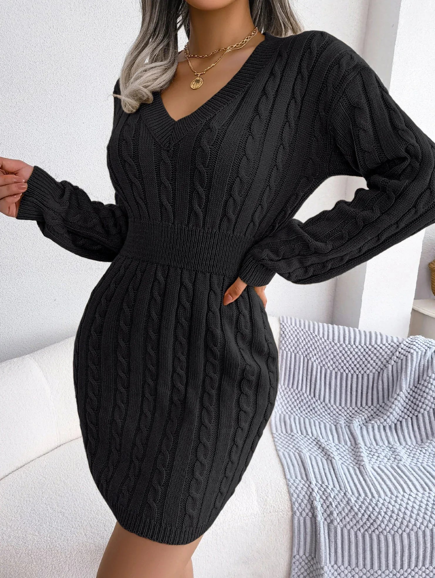 Sky Blue Cable Knit Sweater Dress - View 59 | TEVQA
