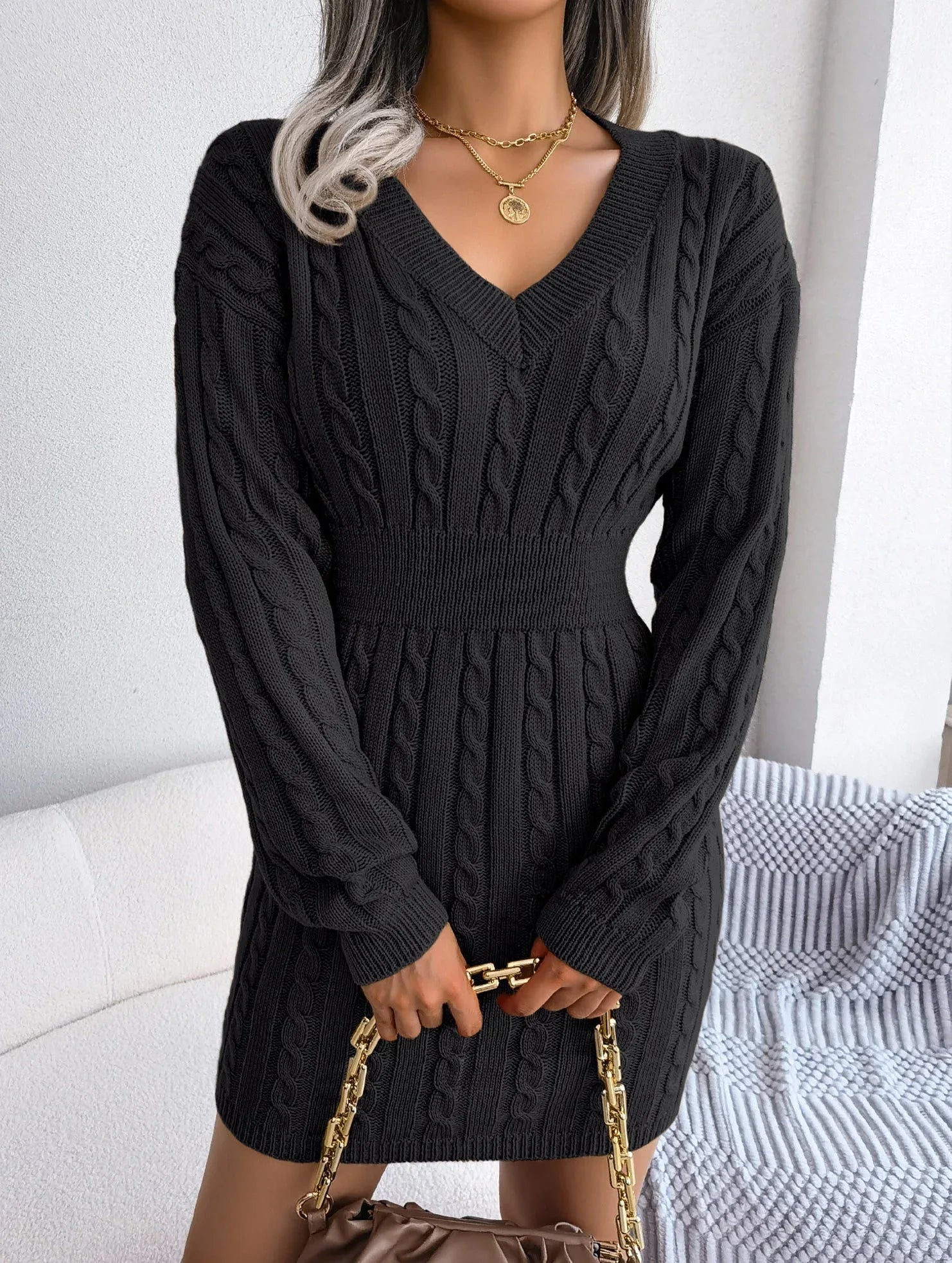 Sky Blue Cable Knit Sweater Dress - View 61 | TEVQA