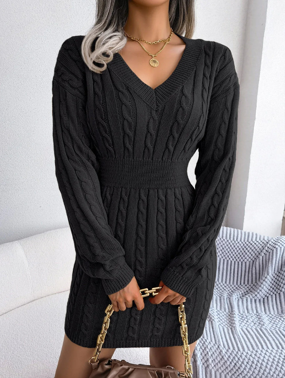 Sky Blue Cable Knit Sweater Dress - View 61 | TEVQA
