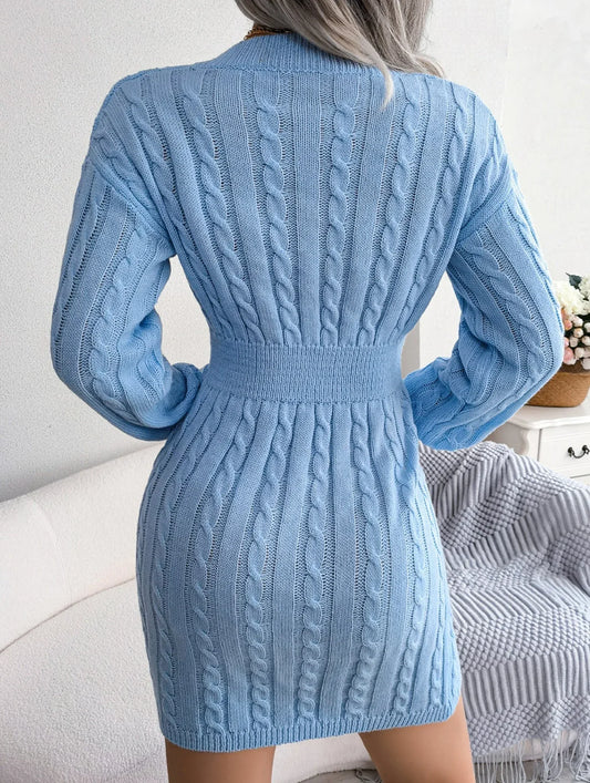 back view of a woman in a light blue cable knit bodycon dress