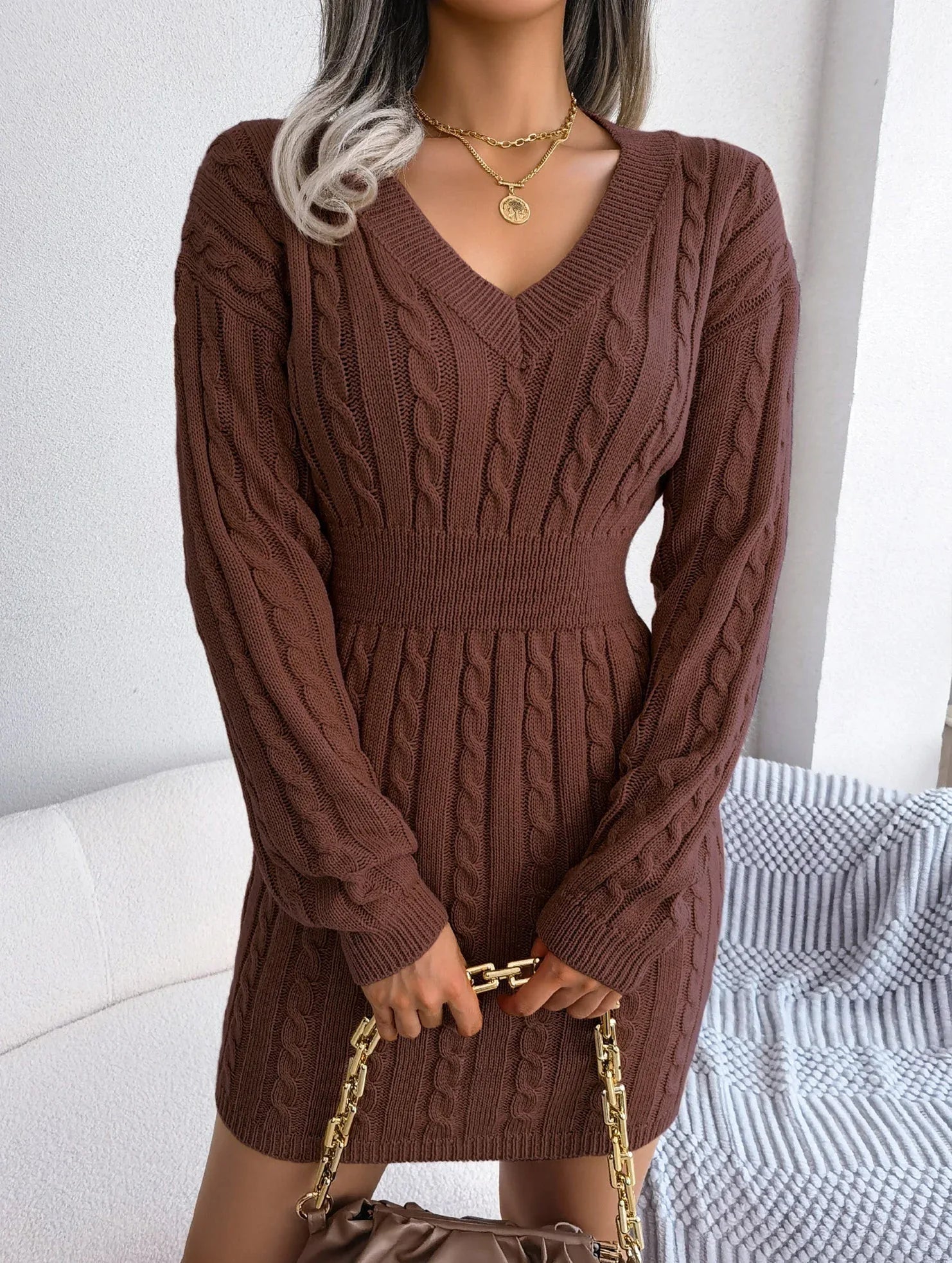 Sky Blue Cable Knit Sweater Dress - View 14 | TEVQA