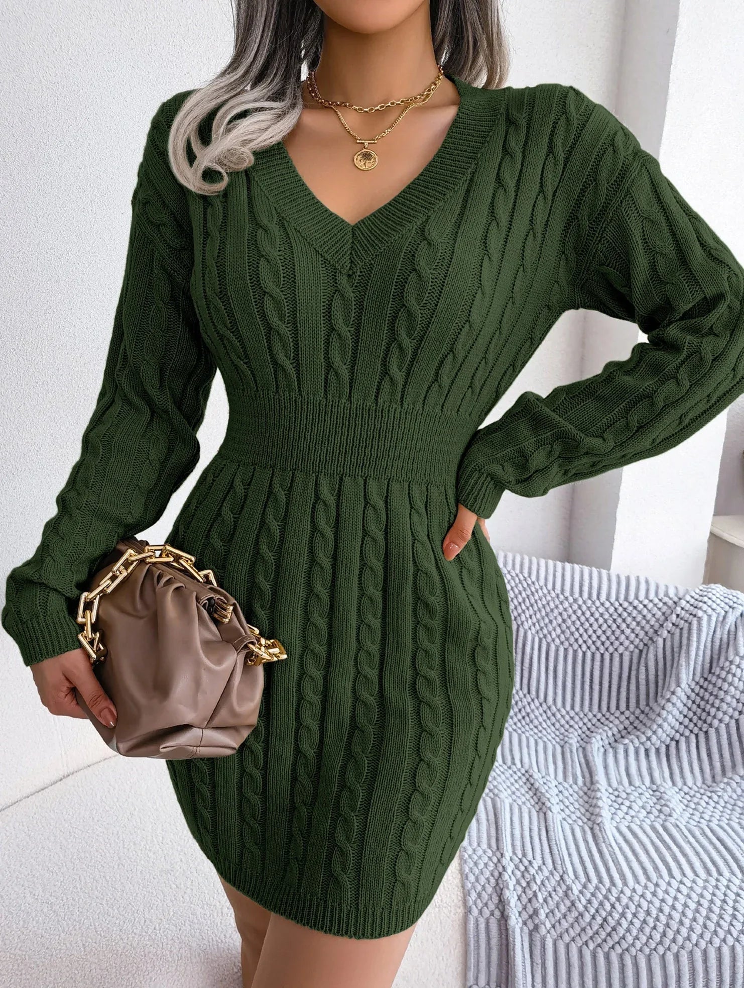 Sky Blue Cable Knit Sweater Dress - View 17 | TEVQA