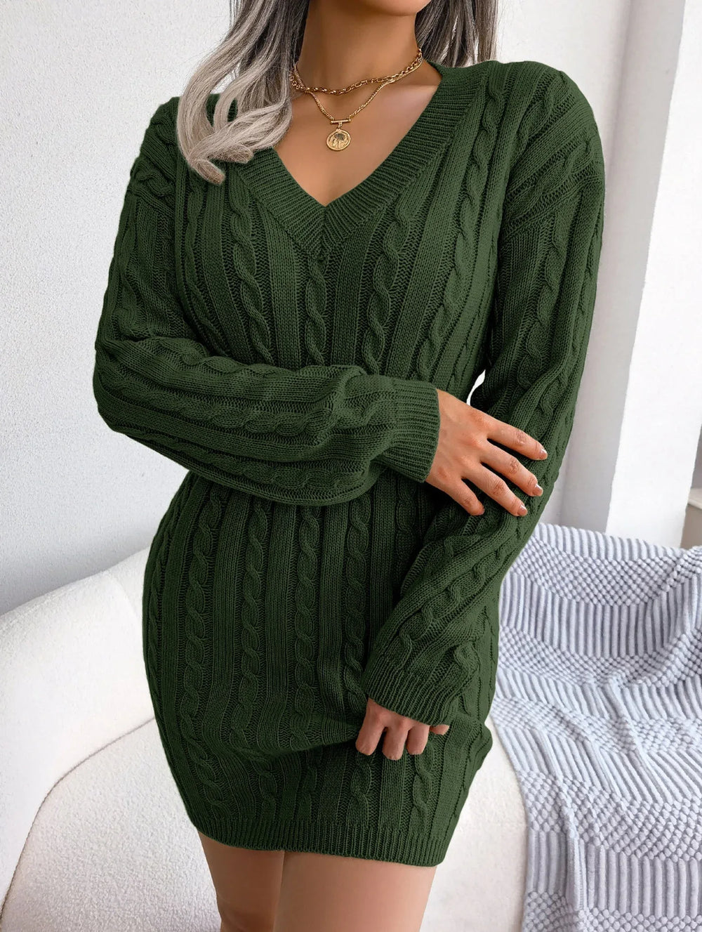 Sky Blue Cable Knit Sweater Dress - View 18 | TEVQA