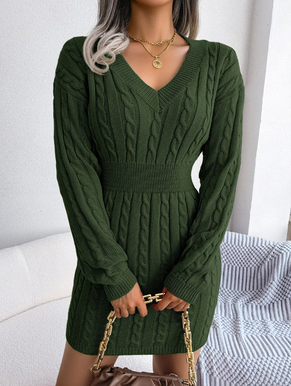 Sky Blue Cable Knit Sweater Dress - View 19 | TEVQA