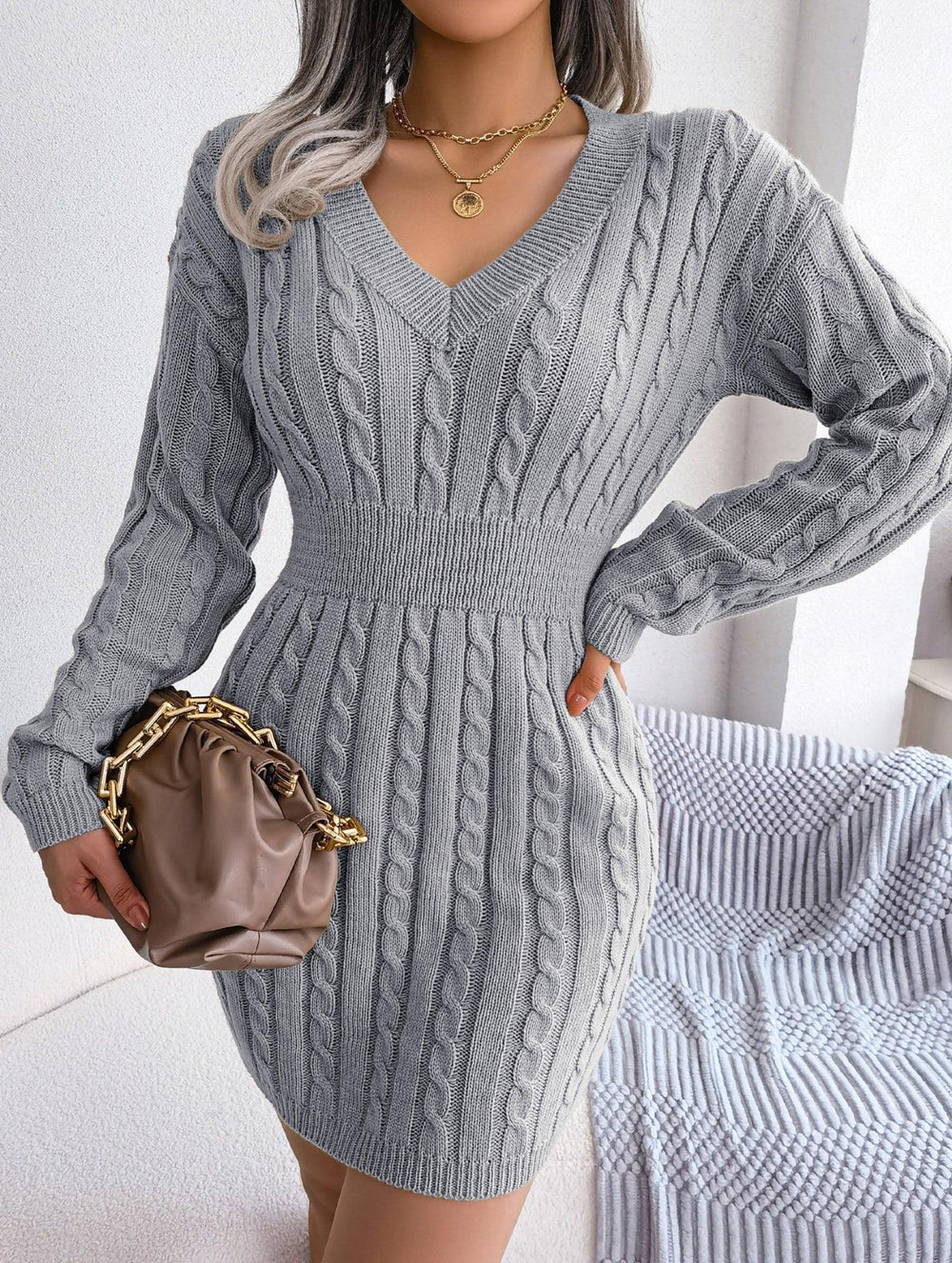 Sky Blue Cable Knit Sweater Dress - View 28 | TEVQA