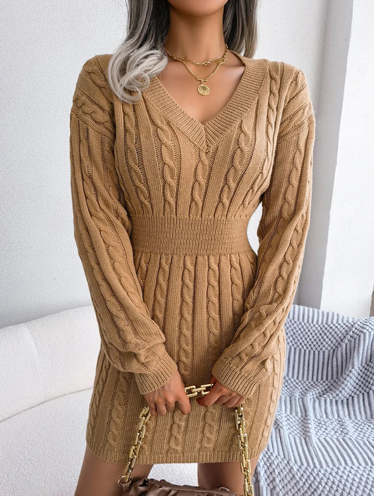 Sky Blue Cable Knit Sweater Dress - View 33 | TEVQA