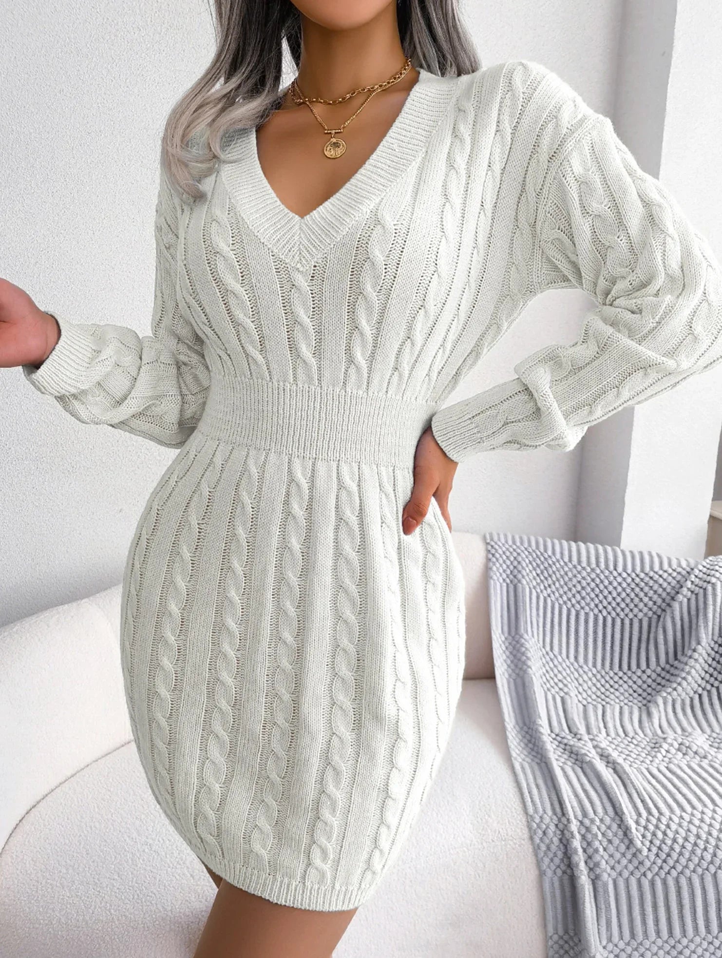 Sky Blue Cable Knit Sweater Dress - View 46 | TEVQA