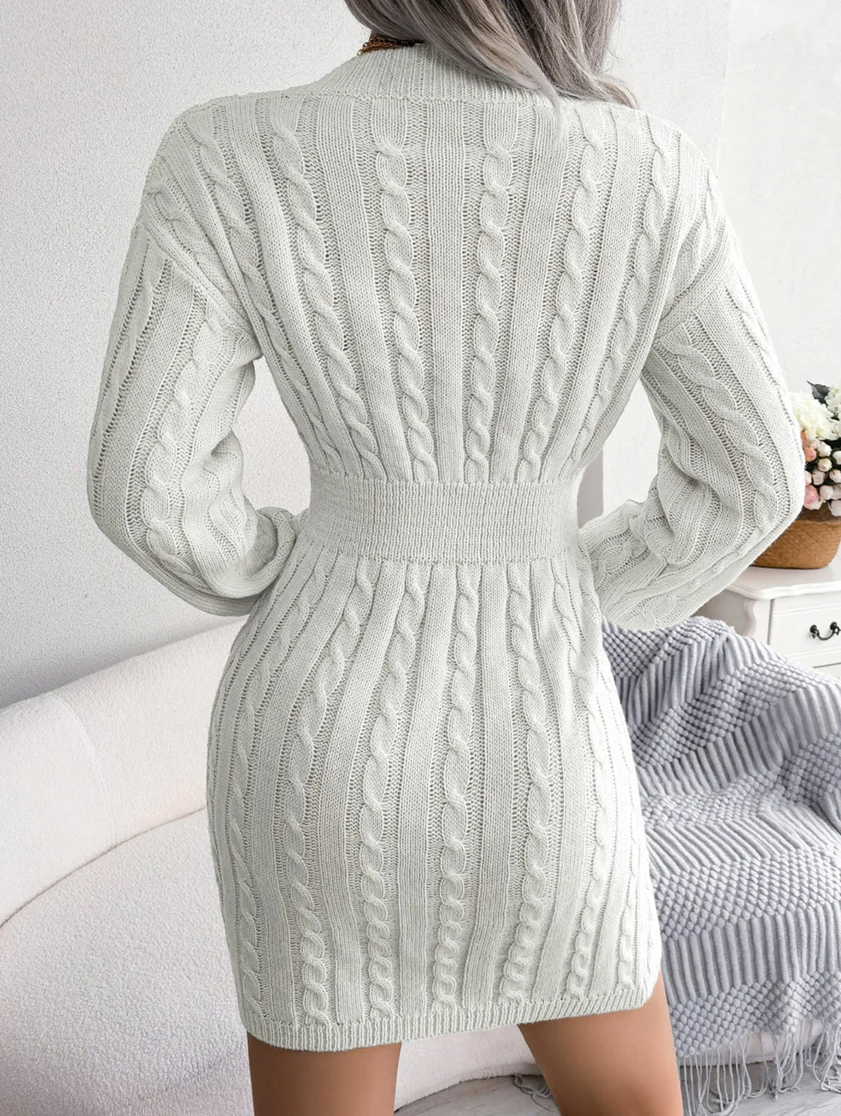 Sky Blue Cable Knit Sweater Dress - View 43 | TEVQA