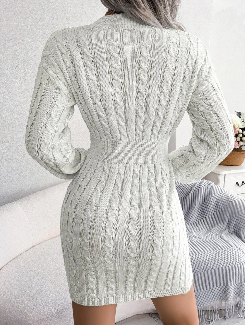 Sky Blue Cable Knit Sweater Dress - View 43 | TEVQA