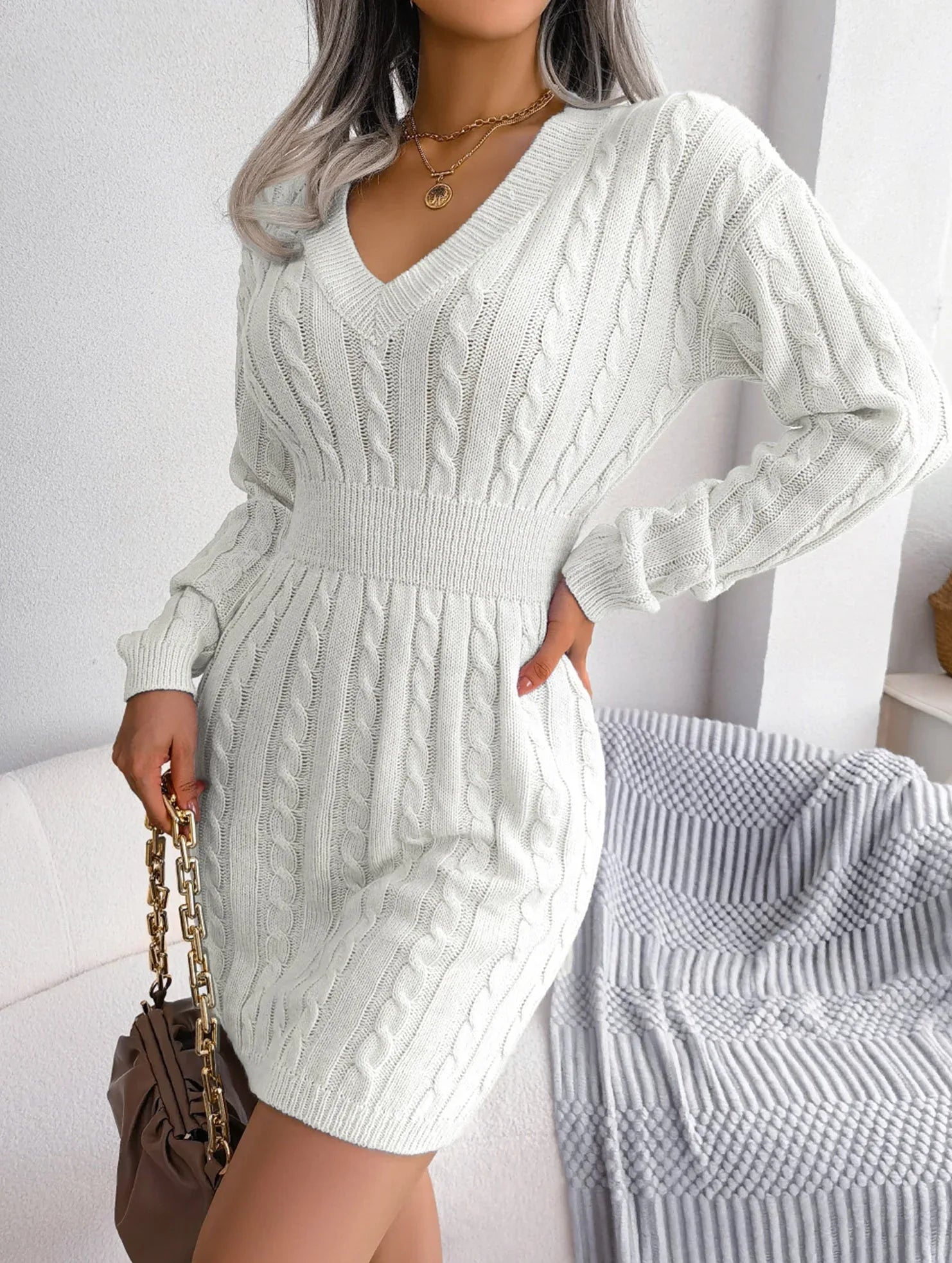 Sky Blue Cable Knit Sweater Dress - View 48 | TEVQA