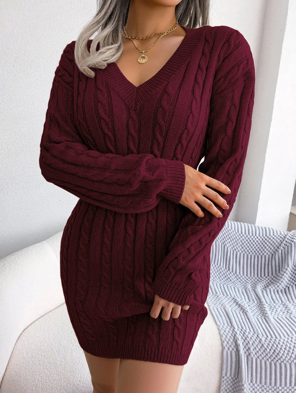 Sky Blue Cable Knit Sweater Dress - View 51 | TEVQA