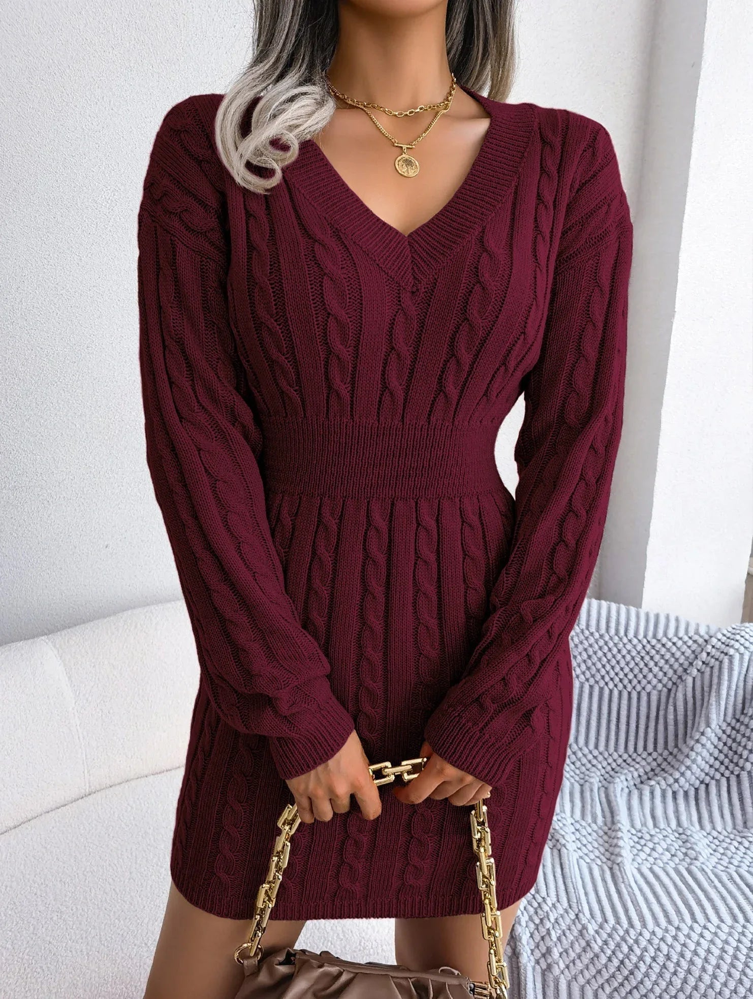 Sky Blue Cable Knit Sweater Dress - View 52 | TEVQA
