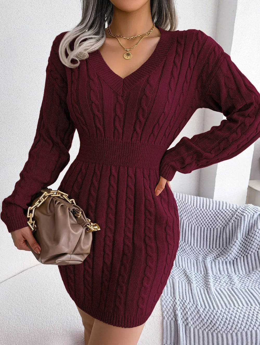 Sky Blue Cable Knit Sweater Dress - View 55 | TEVQA