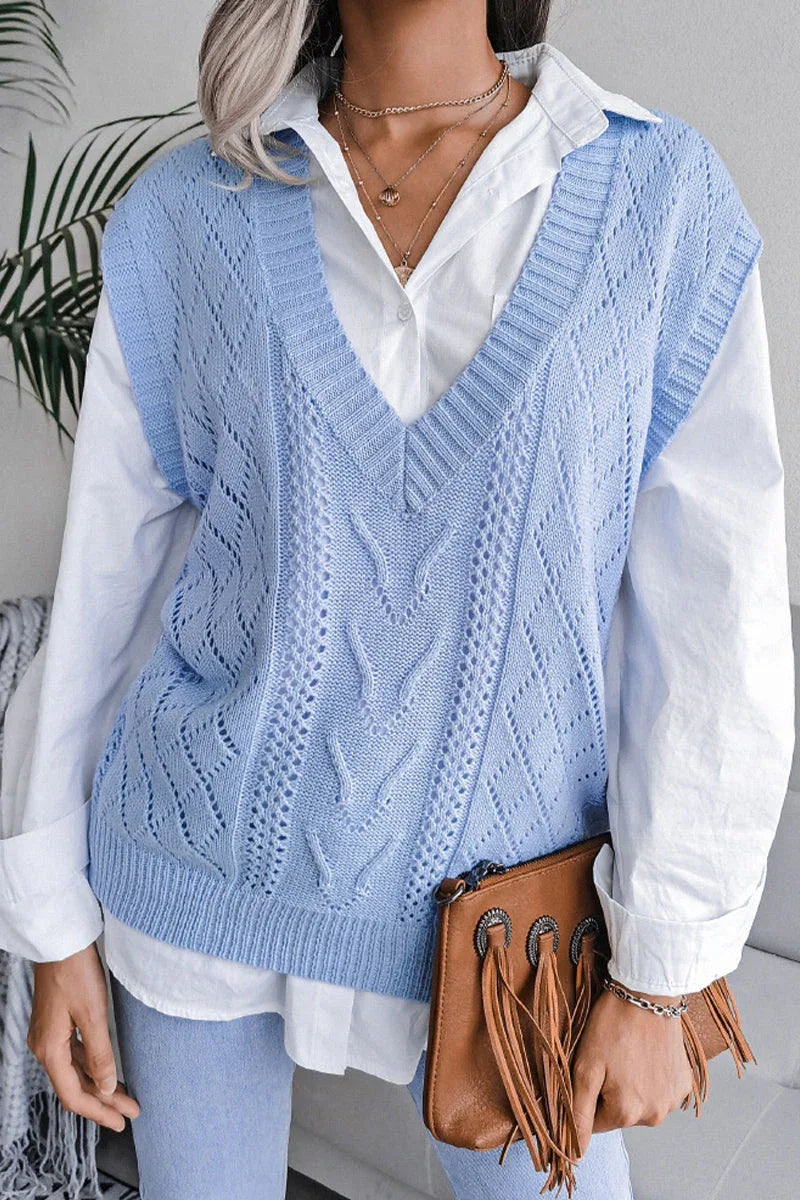 Classic beige cable knit sweater vest - View 6 | TEVQA