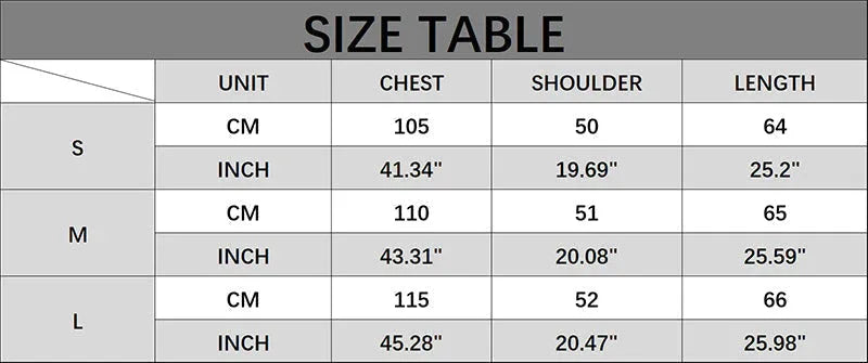 Size chart for a cream knit V-neck sleeveless vest.