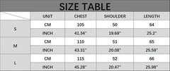 Size chart for a cream knit V-neck sleeveless vest.