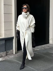 Elegant Funnel Neck Long Wool Blend Coat - Cream White