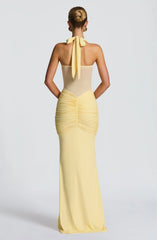 Back view of a woman in a pale yellow floor-length halter gown, showing the tie detail at the neck