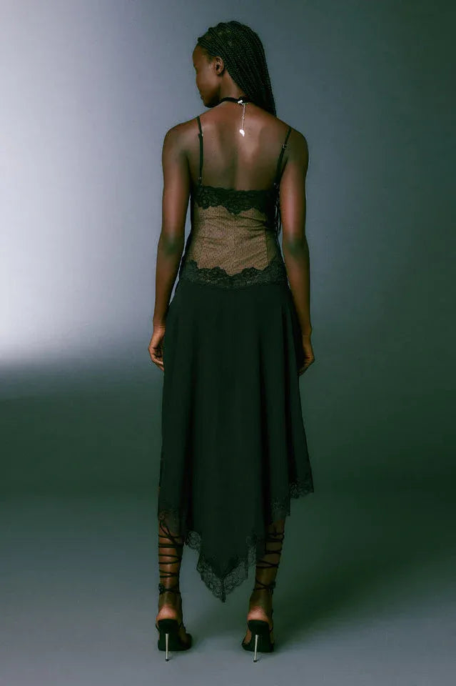Asymmetrical Hem Mini Dress with Lace Trim - View 6 | TEVQA