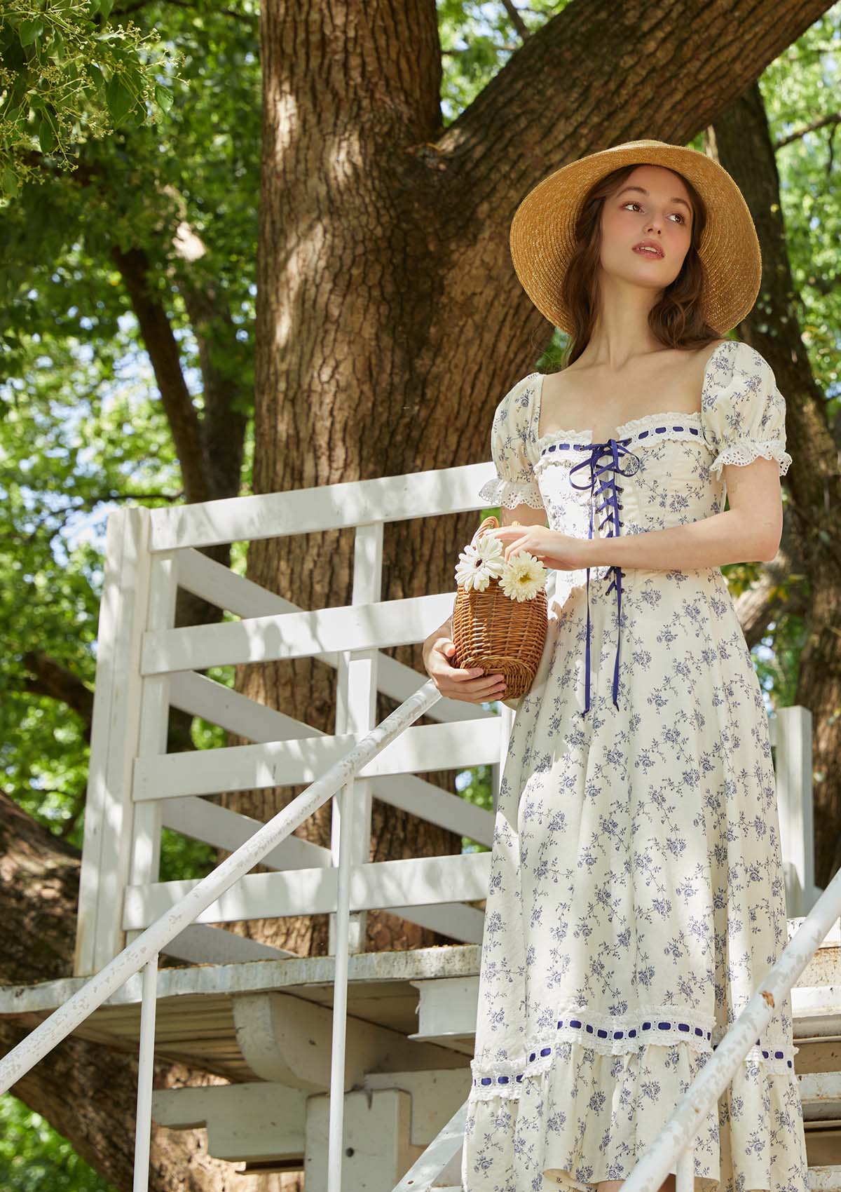 Floral print midi dress with puff sleeves and square neckline - View 7 | TEVQA