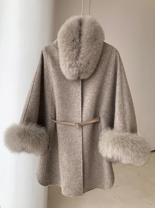 Old Money Aesthetic Camel Wool Cape Coat - Detachable Faux Fox Fur Trim