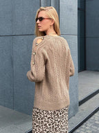 Camel cable knit crew neck sweater with button details on the shoulder - View 6 | TEVQA