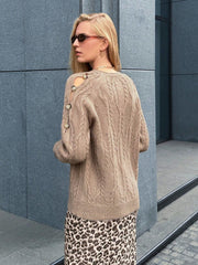 Camel cable knit crew neck sweater with button details on the shoulder - View 6 | TEVQA