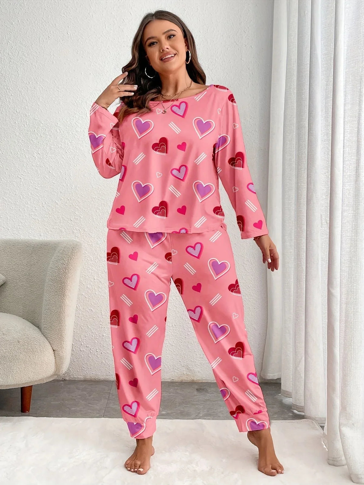 Plus Size Pink Heart Print Jogger Pajama Set - View 24 | TEVQA